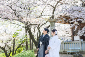 日泰寺で桜ロケーションウェディングフォト　ふたりで桜を見る