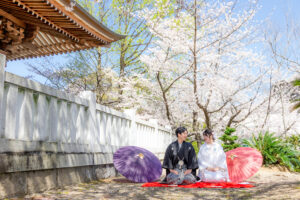 日泰寺で桜ロケーションウェディングフォト　和装前撮り正座×和傘