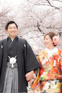 人気の名古屋城で桜の和装ロケーション前撮りウェディングフォト