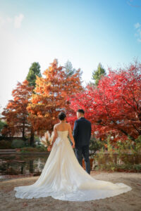 名古屋市にある久屋大通庭園フラリエで洋装ウェディングフォト　手を繋ぐ新郎新婦の後ろ姿　秋の前撮り