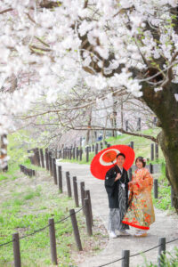 東山植物園で和装ロケーション前撮り　和傘を持つ新郎　桜の時期にウェディングフォト