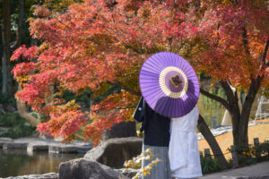 徳川園で和装ウェディングフォト　相合傘をする新郎新婦の後ろ姿　名古屋で紅葉前撮り