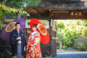 東山荘で和装ロケーション前撮り　和傘を使って撮影　名古屋市内で色打掛前撮り